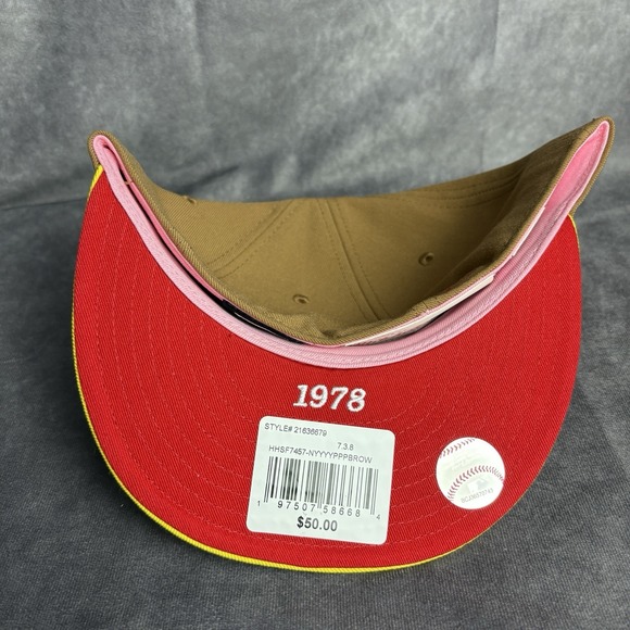 New York Yankees Mitchell And Ness Fitted Hat 7 3/8 Brown Yellow Topps Cards NEW - Picture 4 of 7